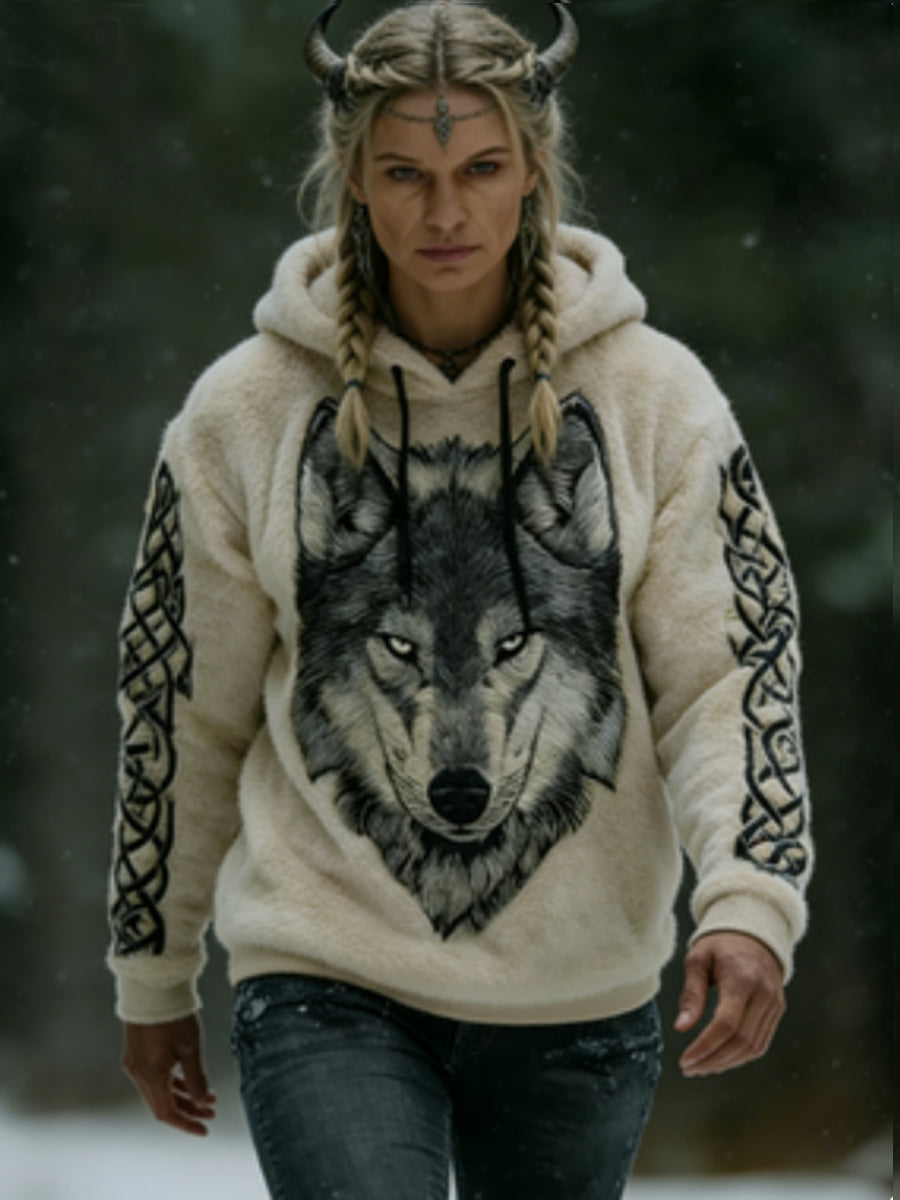 Damska Flanelowa bluza z kapturem w stylu celtyckiego wilka