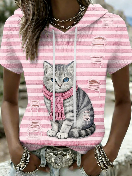 Damska koszulka z krótkim rękawem Retro Cute Cat Breast Cancer Awareness Casual
