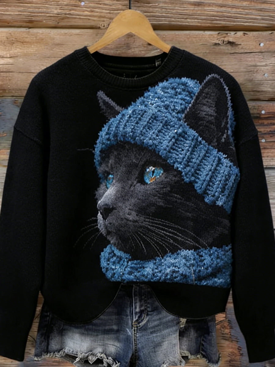 Damski sweter w stylu vintage z nadrukiem zwierzęcym Comfort