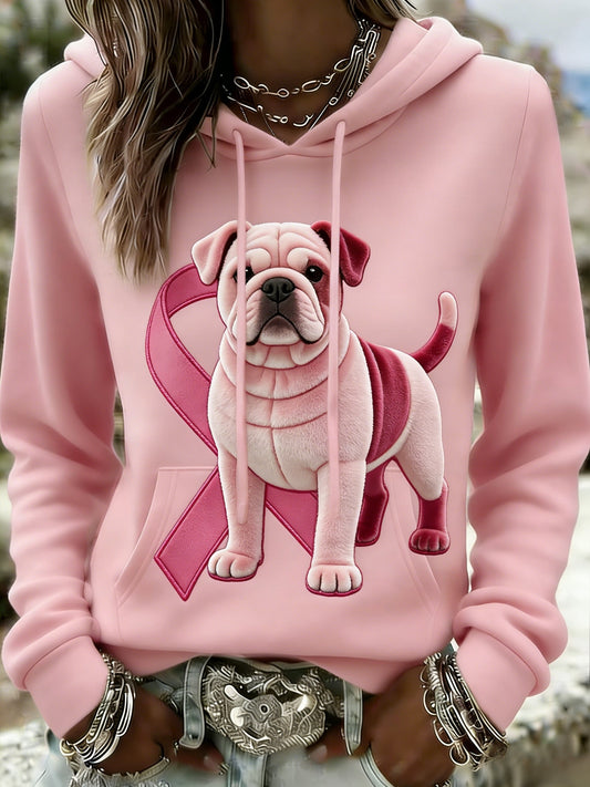 Damska retro Bulldog świadomość raka piersi Casual Bluza z kapturem
