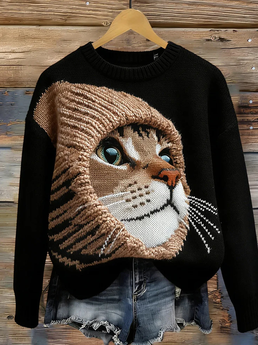 Damski sweter w stylu vintage z nadrukiem zwierzęcym Comfort