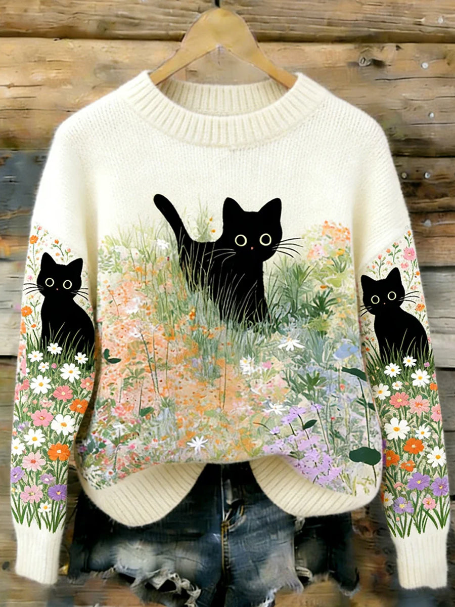 Damski sweter w stylu vintage z nadrukiem zwierzęcym Comfort