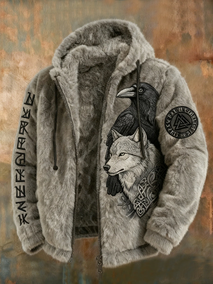 Męska Viking Tribal Jacquard Celtic z wronami i wilkami inspirowana pluszowa ciepła zapinana na zamek kurtka z kapturem