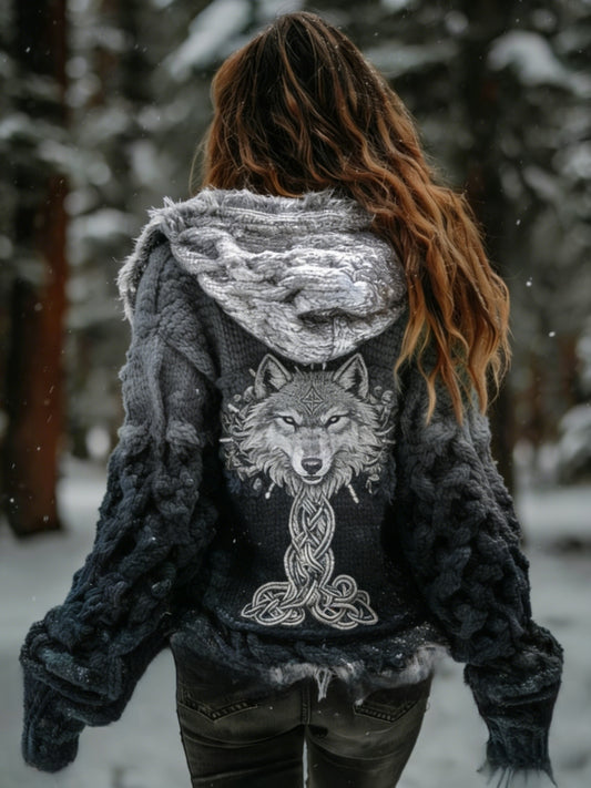 Damski Retro Viking Celtic Knot Drzewo Życia Wilk Gradient Wygodny Dzianiny Sweter Z Kapturem