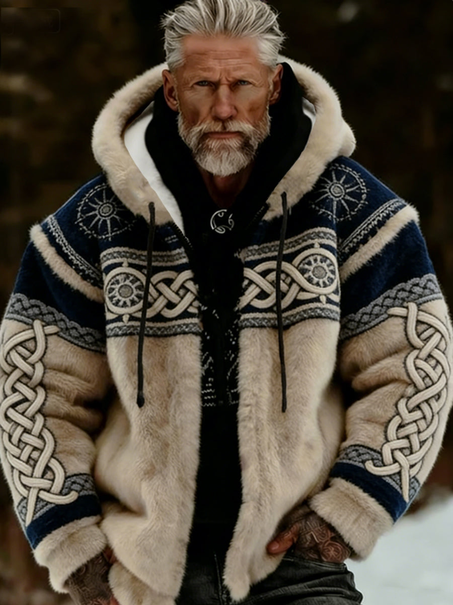 Męska pluszowa pluszowa kurtka z kapturem Viking Celtic Art Przytulna ciepła zapinana na zamek