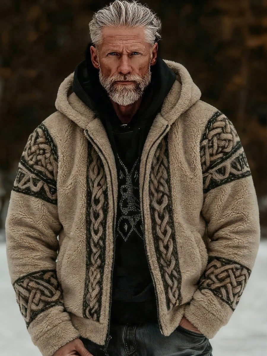 Męska kurtka z kapturem w stylu vintage Viking celtycki knot flanelowy zamek błyskawiczny
