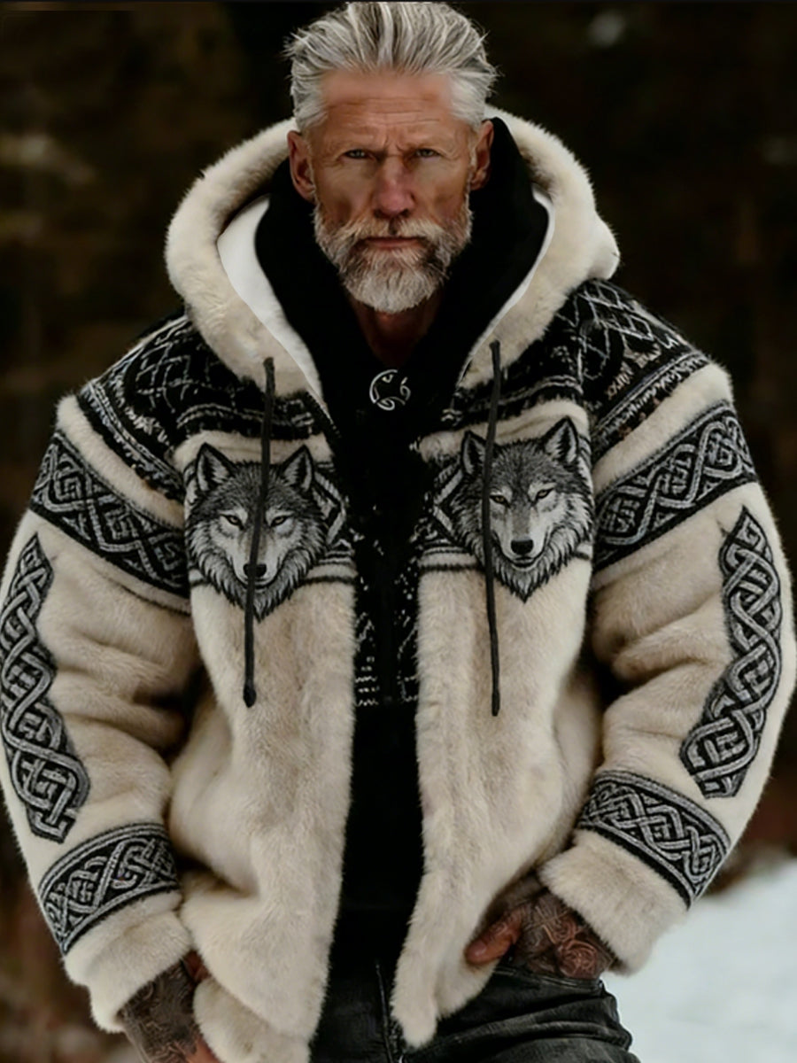 Męska pluszowa pluszowa kurtka z kapturem Viking Celtic Art Przytulna ciepła zapinana na zamek