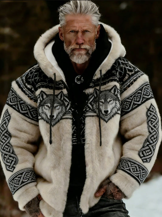 Męska pluszowa pluszowa kurtka z kapturem Viking Celtic Art Przytulna ciepła zapinana na zamek