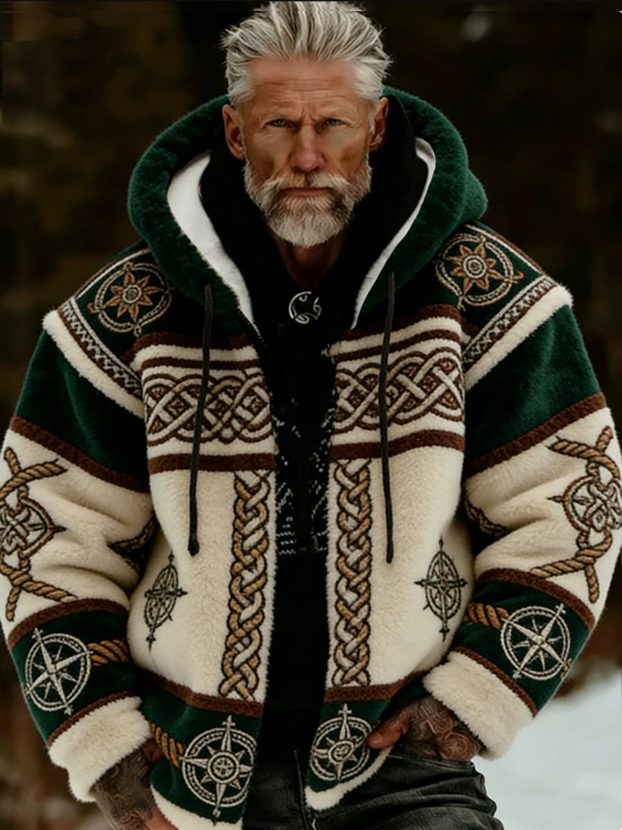Męska pluszowa pluszowa kurtka z kapturem Viking Celtic Art Przytulna ciepła zapinana na zamek