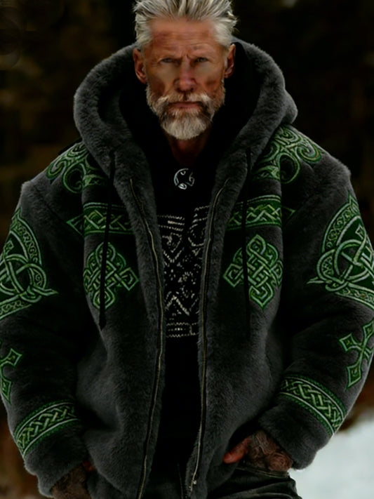 Męska pluszowa pluszowa kurtka z kapturem Viking Celtic Art Przytulna ciepła zapinana na zamek