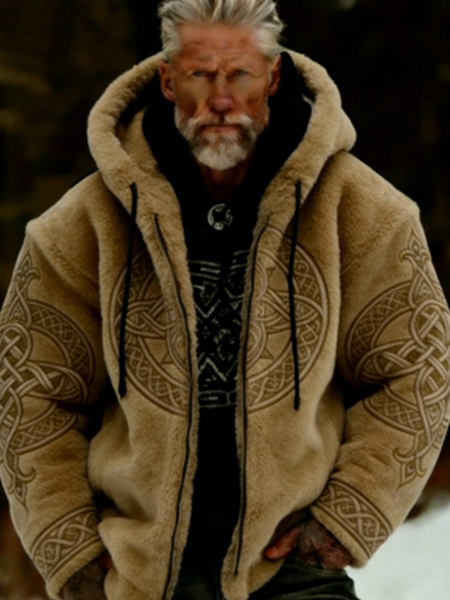 Męska pluszowa pluszowa kurtka z kapturem Viking Celtic Art Przytulna ciepła zapinana na zamek