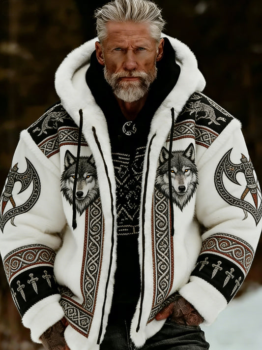 Męskie Retro Viking Wolf Totem Flanelowa ciepła bluza z kapturem w stylu celtyckim