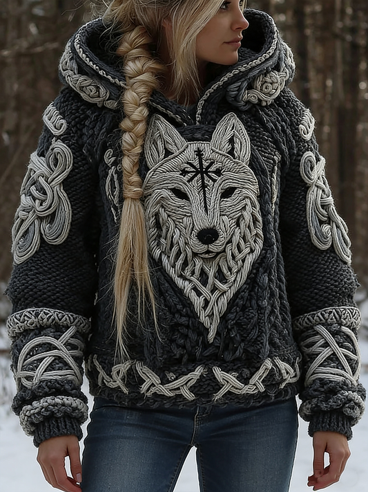 Damski Viking Wolf Viking Celtic Knot Nadruk Sweter z kapturem z długim rękawem