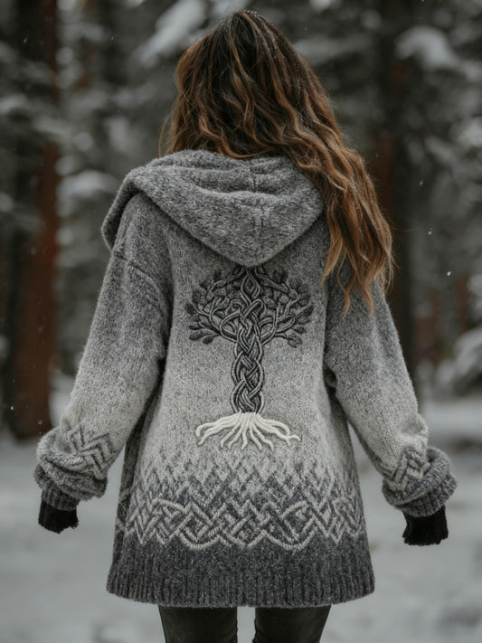 Damski Retro Viking Celtic Knot Drzewo Życia Gradient Wygodny Flanelowy Sweter Kurtka