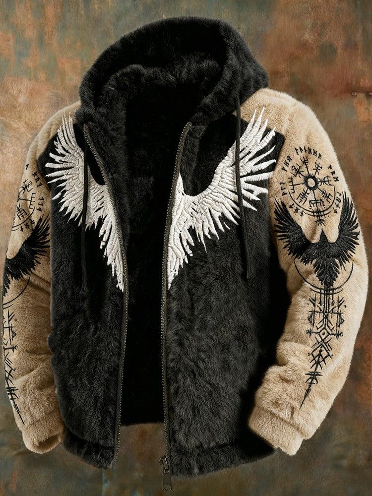 Męskie Vintage Viking Celtic Knot Raven Skrzydło Patchwork Flanelowa Kurtka Z Kapturem