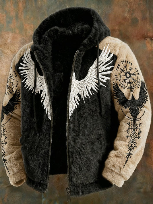Męskie Vintage Viking Celtic Knot Raven Skrzydło Patchwork Flanelowa Kurtka Z Kapturem