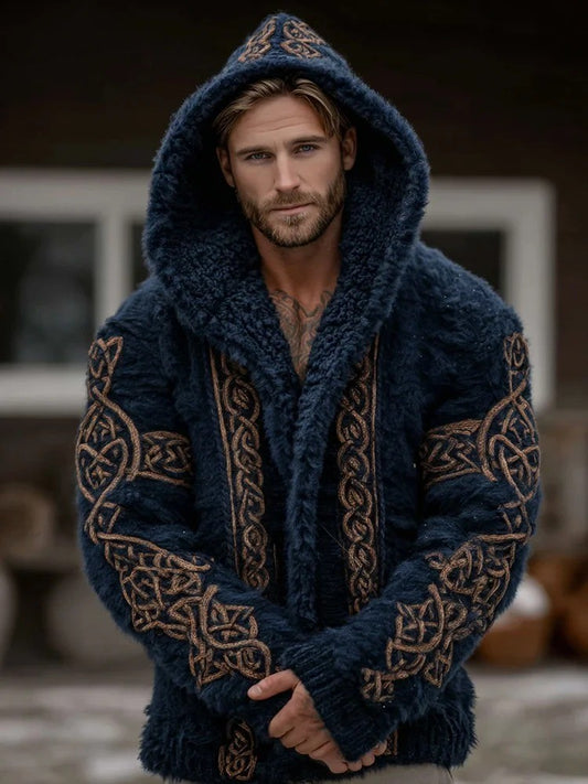 Męska kurtka z kapturem w stylu vintage Viking celtycki knot flanelowy zamek błyskawiczny