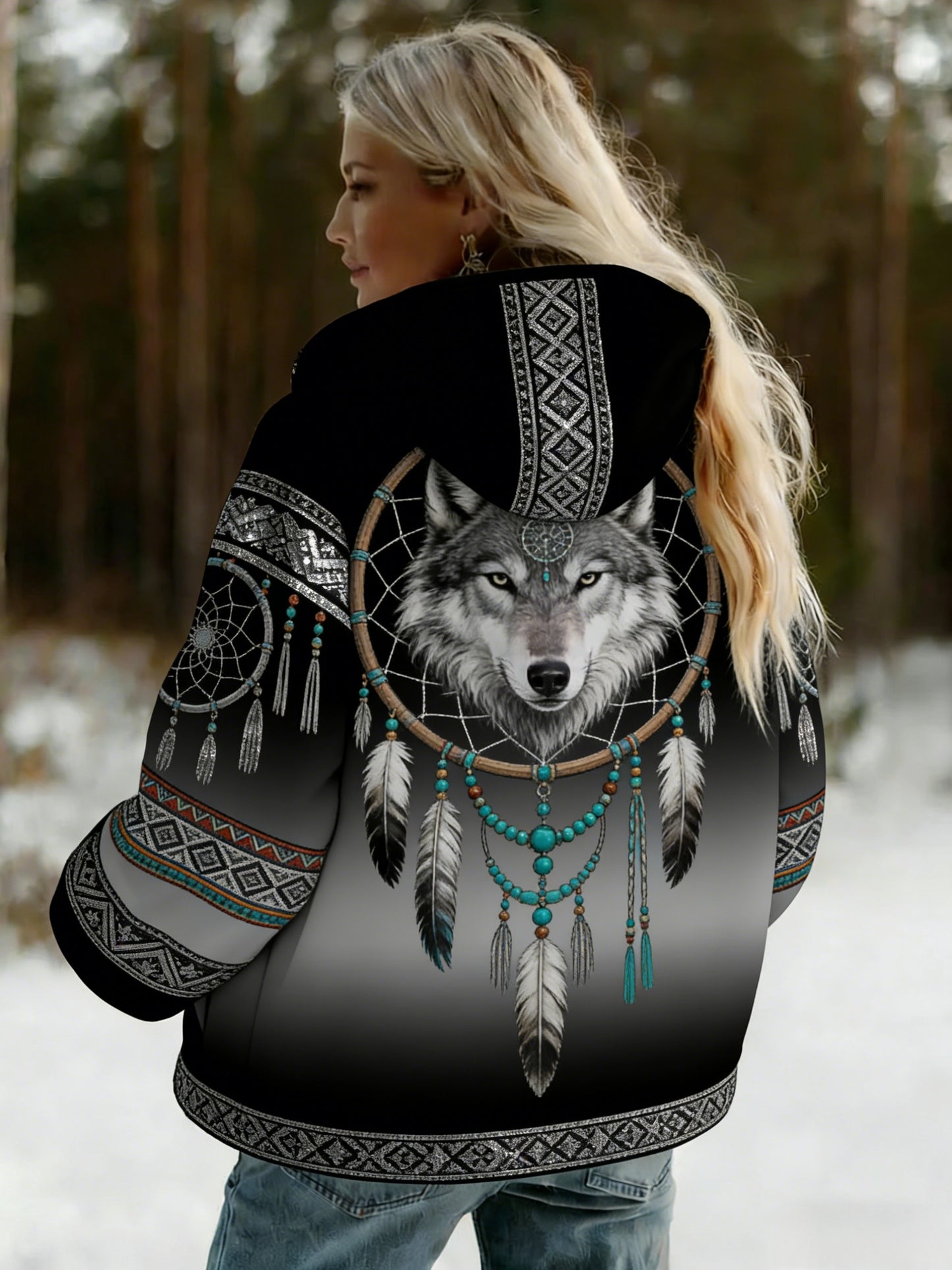 Damska retro Viking Nordic Wolf Gradient Casualowa kurtka z kapturem z polarową podszetką