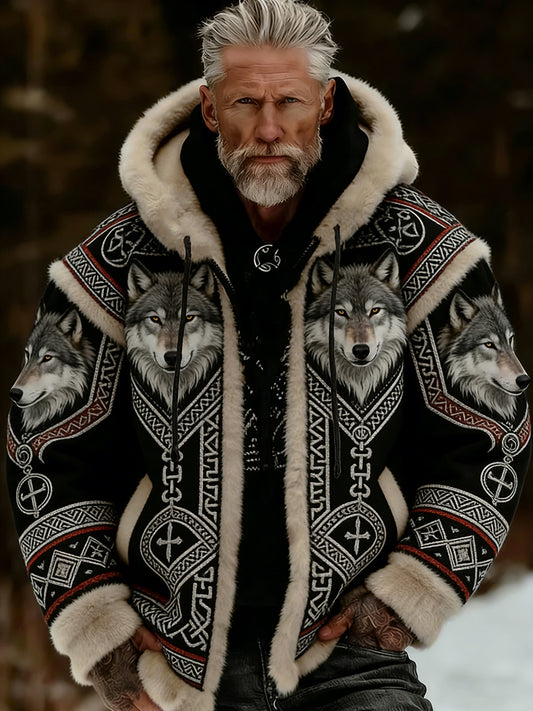 Męskie Retro Viking Wolf Totem Flanelowa ciepła bluza z kapturem w stylu celtyckim