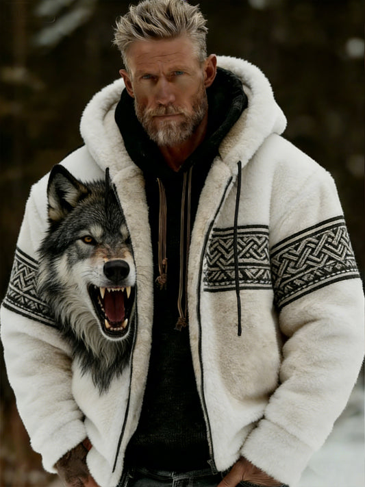 Męskie Retro Viking Wolf Totem Flanelowa ciepła bluza z kapturem w stylu celtyckim