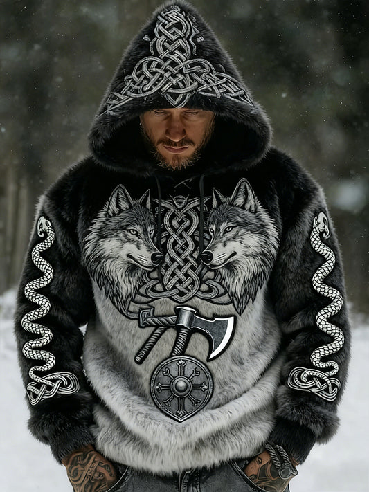 Męskie Retro Viking celtycki wzór pluszowa ciepła kurtka z kapturem z kapturem