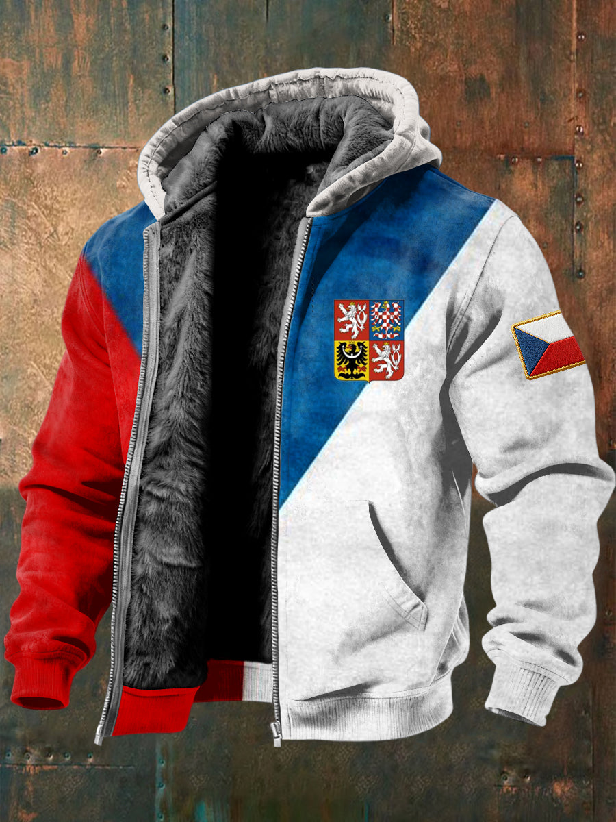 Geometryczna kurtka z kapturem z podszewką z polaru Retro Flag