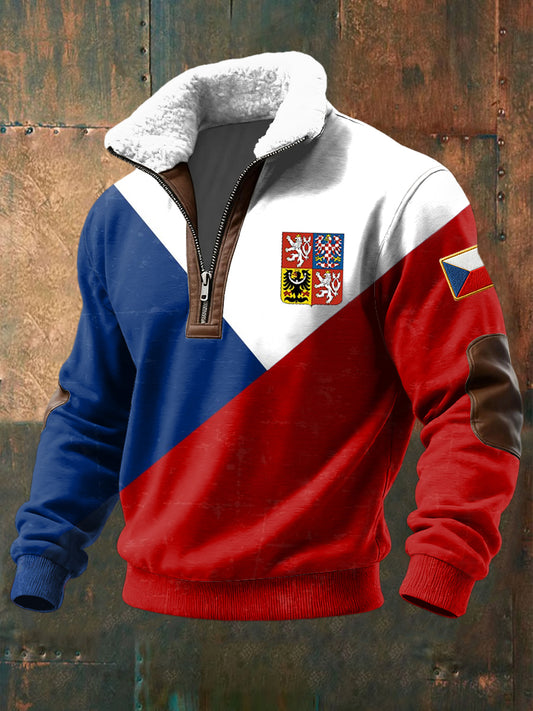 Pullover z zamkiem błyskawicznym z patchworkiem z flagą retro