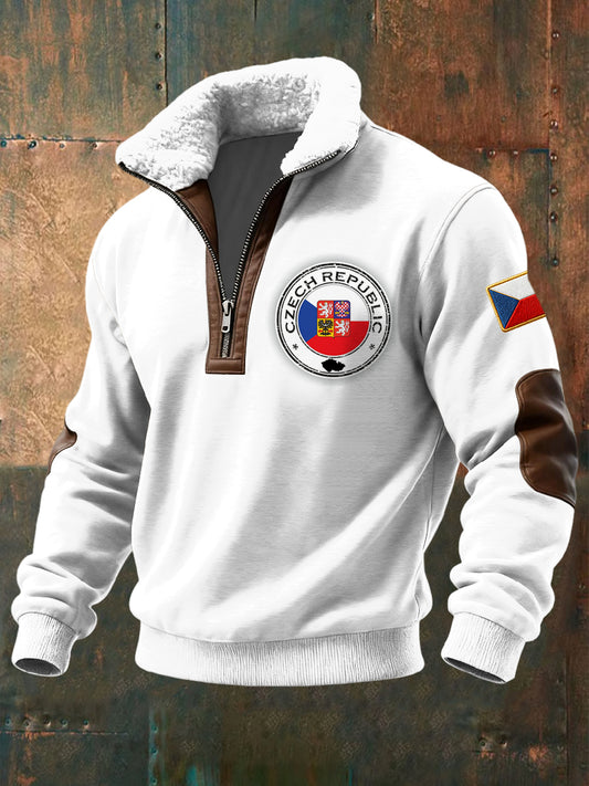 Bluza z kapturem z zamkiem błyskawicznym Retro Flag Emblem Casual Shearling