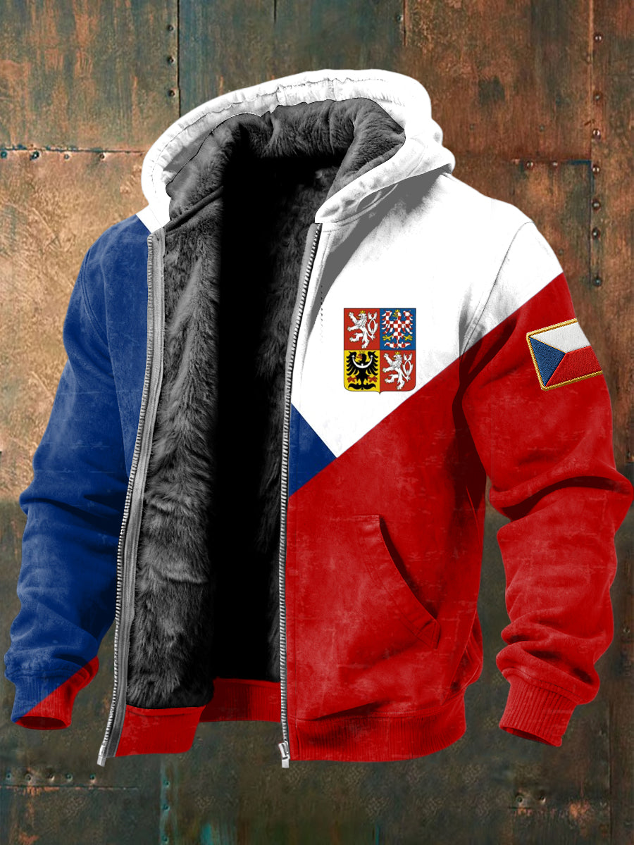 Patchworkowa kurtka z kapturem z kapturem w stylu retro z czeską flagą