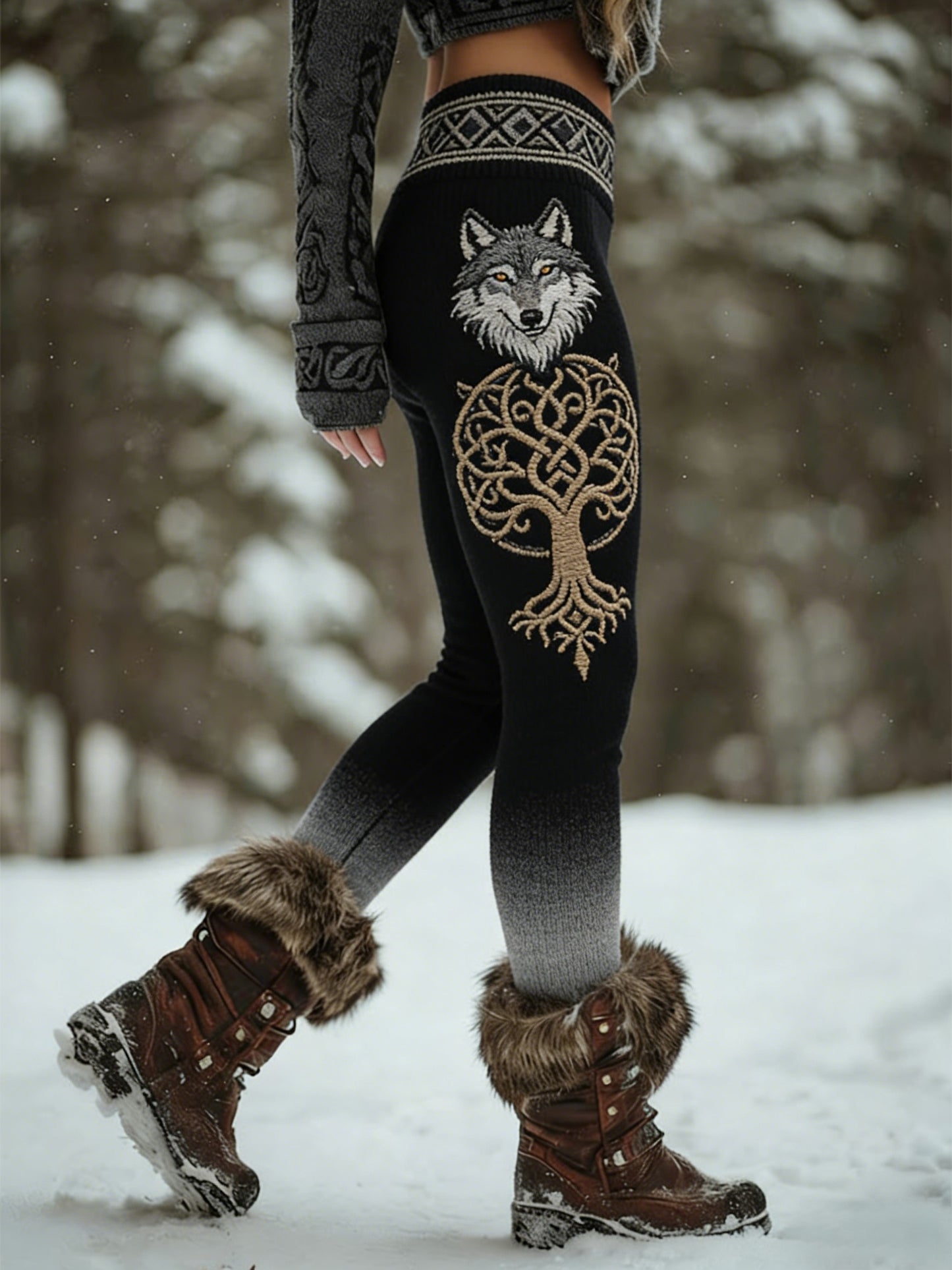 Damskie Viking Wolf Celtic Knot Drzewo Życia Gradient Sportowe Stretch Legginsy