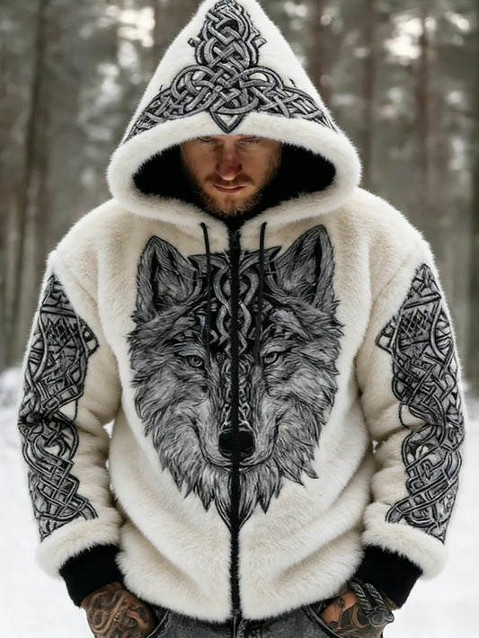 Męskie Retro Viking Wolf Totem Flanelowa ciepła bluza z kapturem w stylu celtyckim