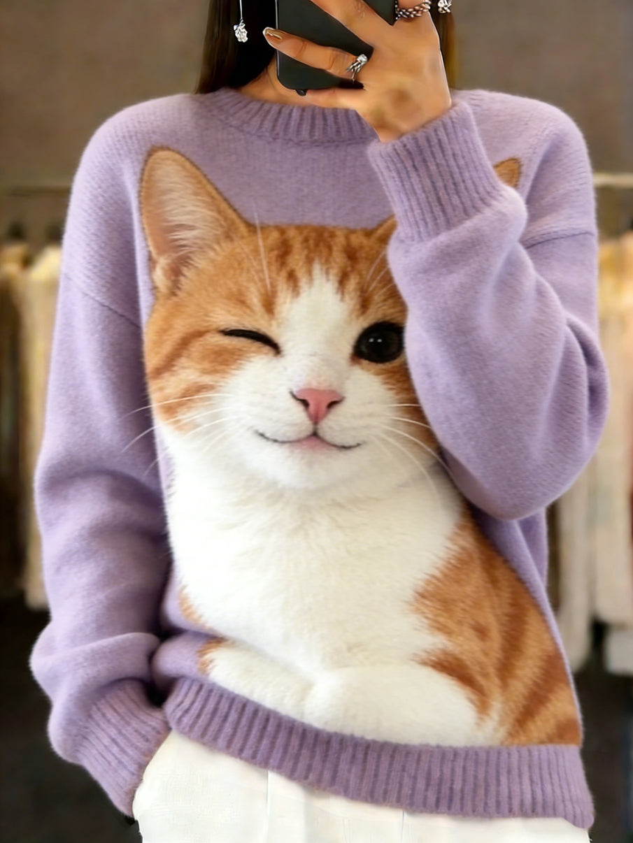 Damski sweter w stylu vintage z nadrukiem zwierzęcym Comfort