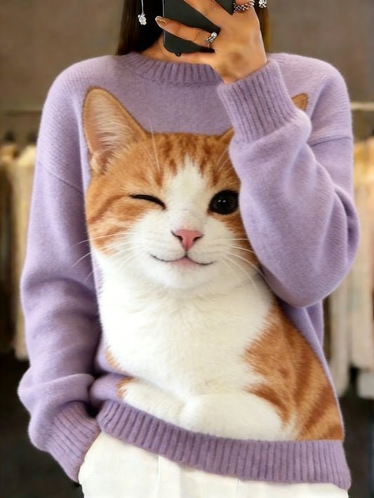 Damski sweter w stylu vintage z nadrukiem zwierzęcym Comfort