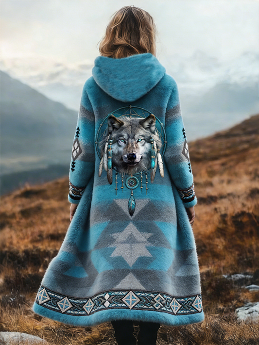 Flanelowy długi płaszcz z nadrukiem dla kobiet Western Wolf Dreamcatcher