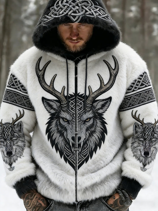 Męskie Retro Viking Wolf Totem Flanelowa ciepła bluza z kapturem w stylu celtyckim
