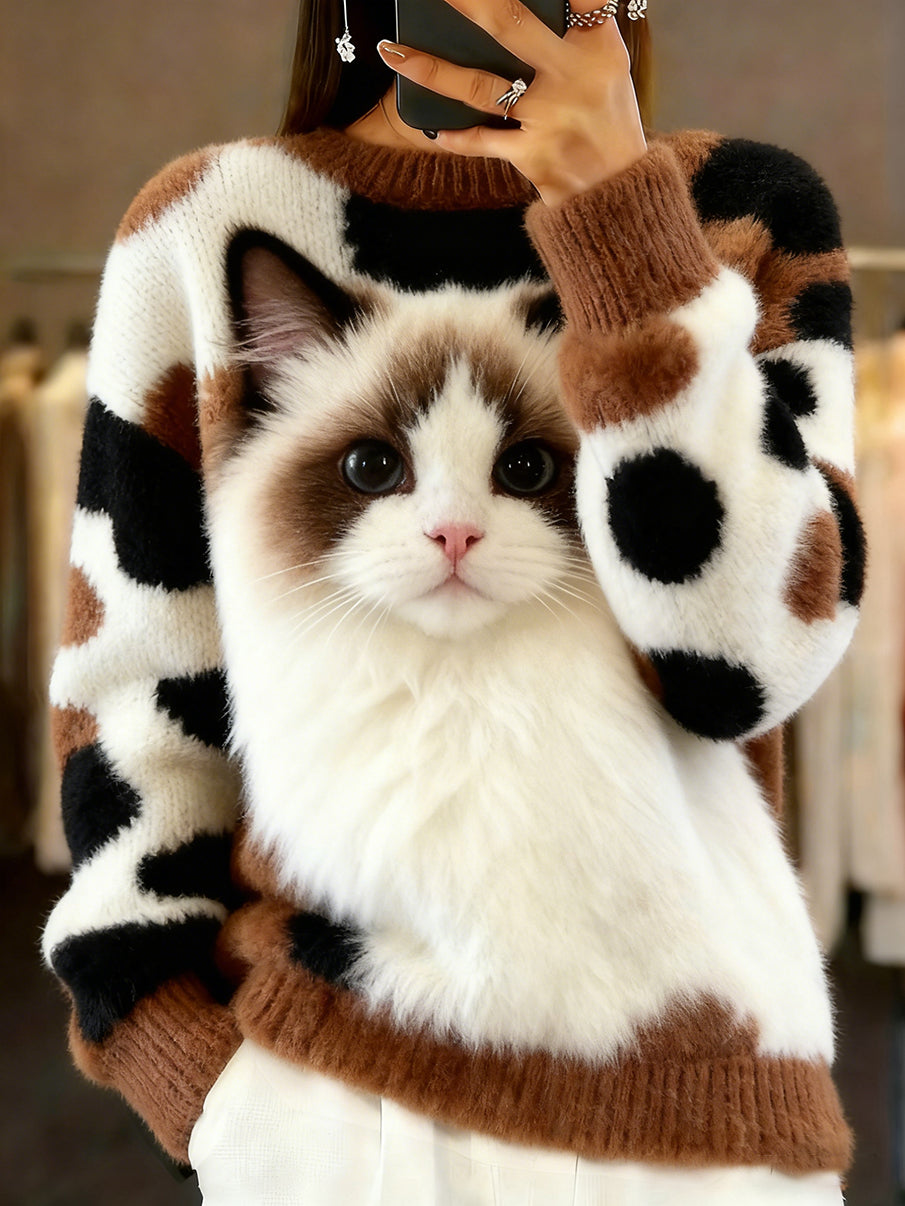 Damski sweter w stylu vintage z nadrukiem zwierzęcym Comfort