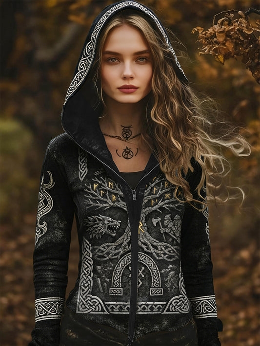 Damska kurtka z kapturem Vintage Nordic Mythology Rune