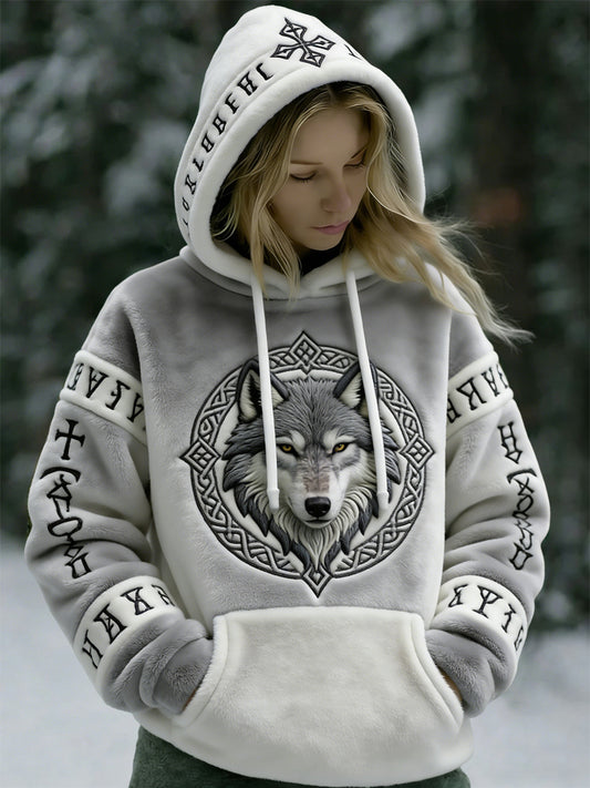 Damska vintage Viking Wolf Totem Casualowa flanelowa bluza z kapturem