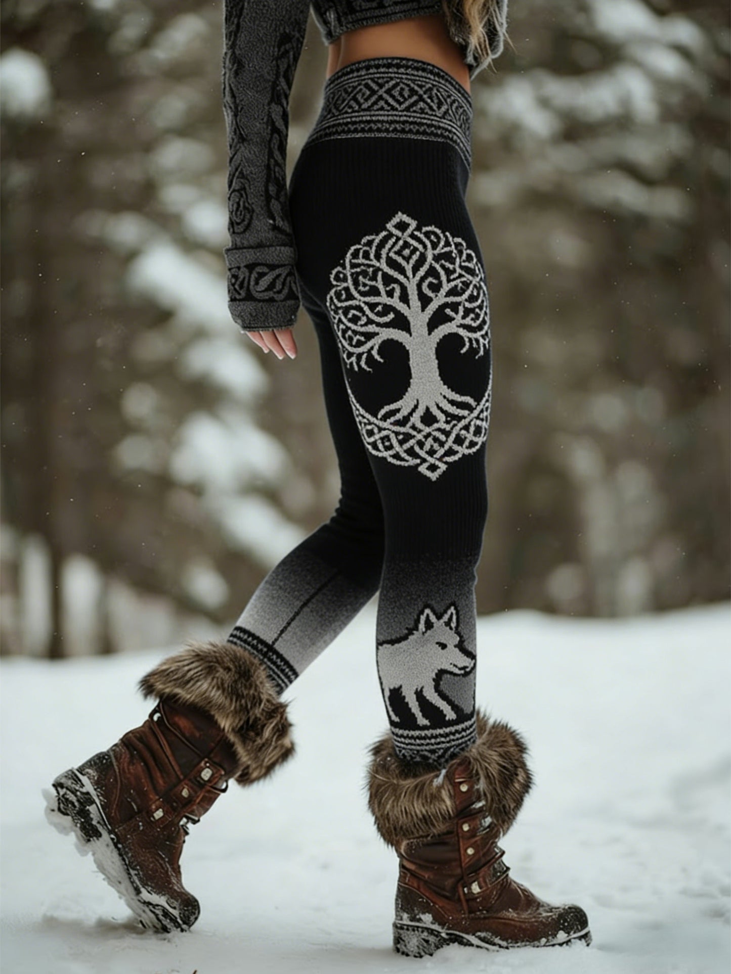 Damskie Retro Viking Wolf Celtic Knot Drzewo Życia Gradient Sportowe Stretch Legginsy