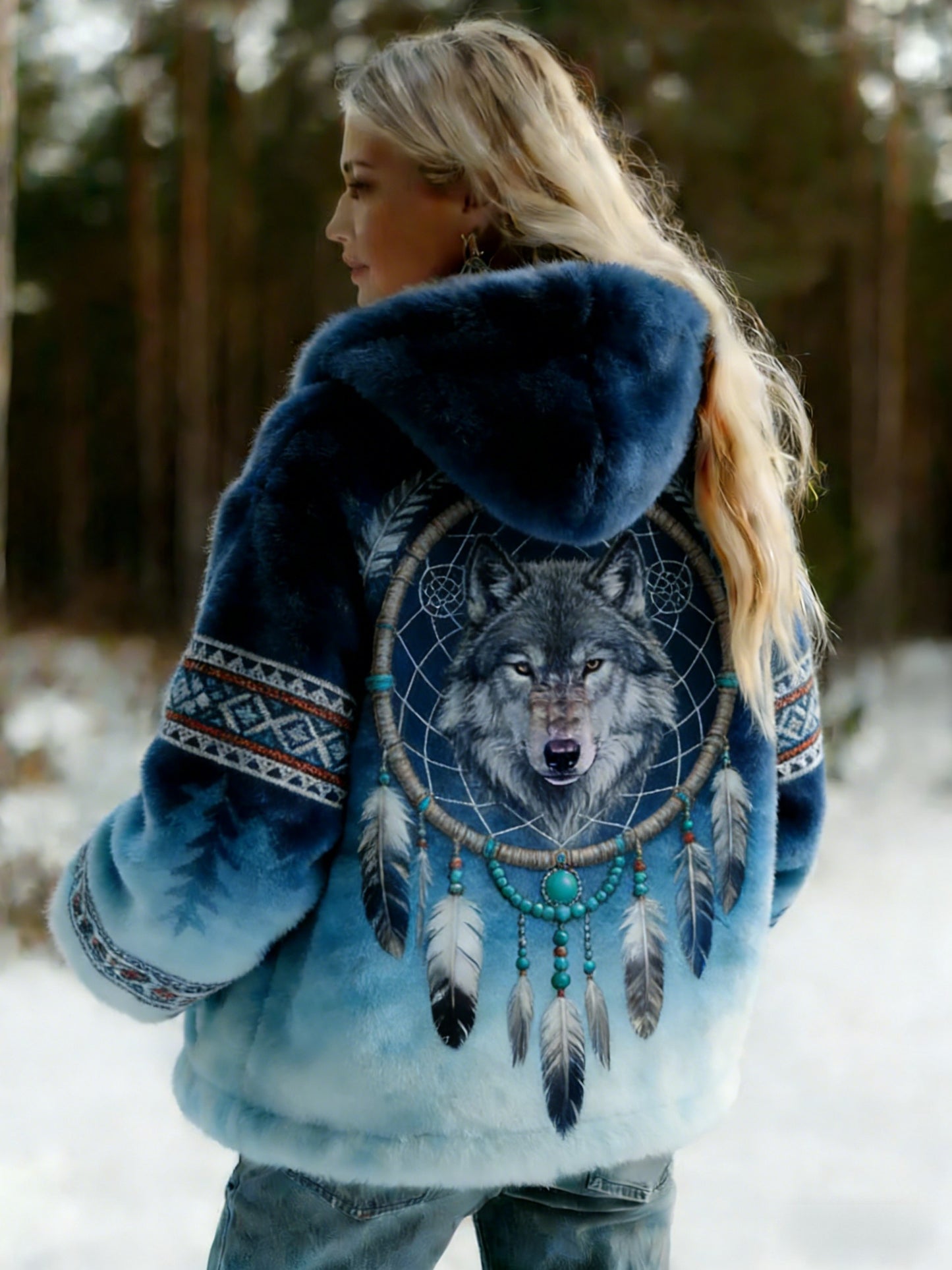 Damska kurtka retro Nordic Viking Wolf Ethnic Casual Flanelowa
