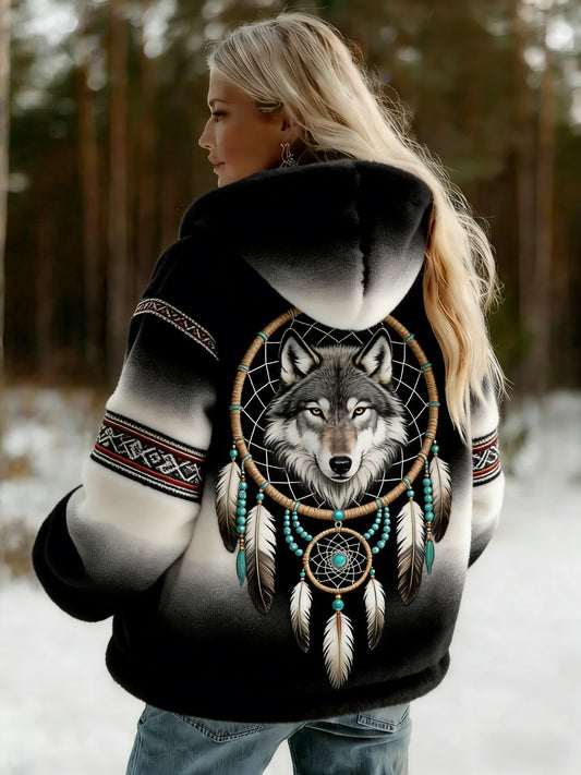 Damska kurtka retro Nordic Viking Wolf Ethnic Casual Flanelowa
