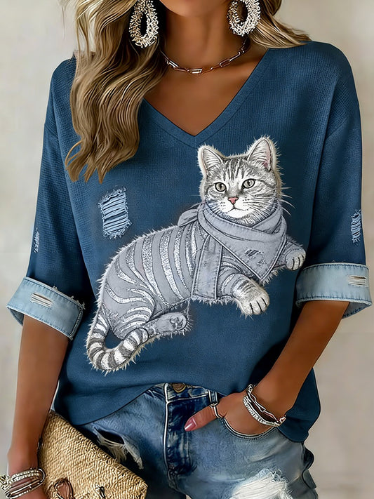Retro Cute Cat Denim Patchwork Art Print Casualowa bawełniana koszulka z długim rękawem