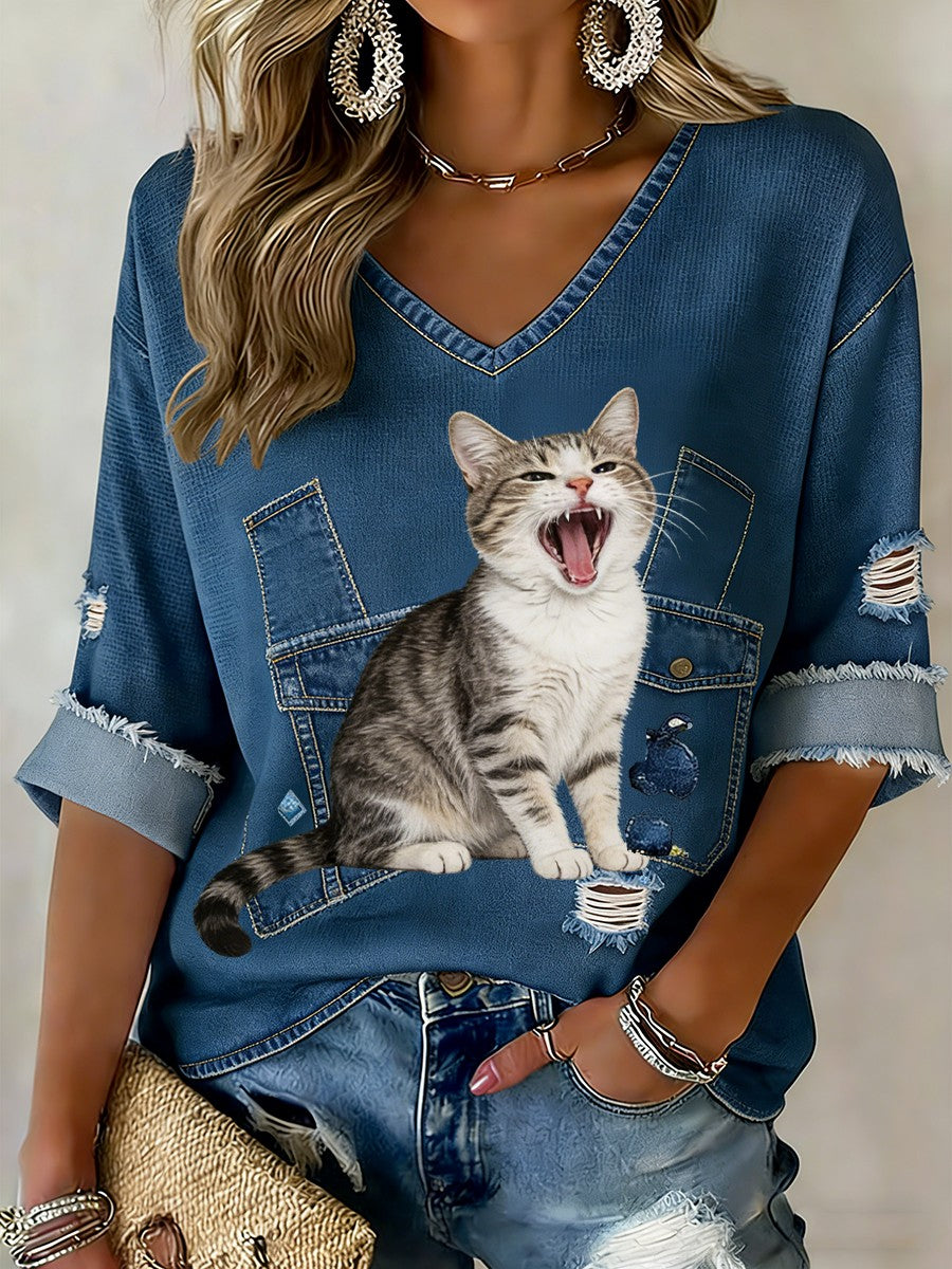 Retro Cute Cat Denim Patchwork Art Print Casualowa bawełniana koszulka z długim rękawem