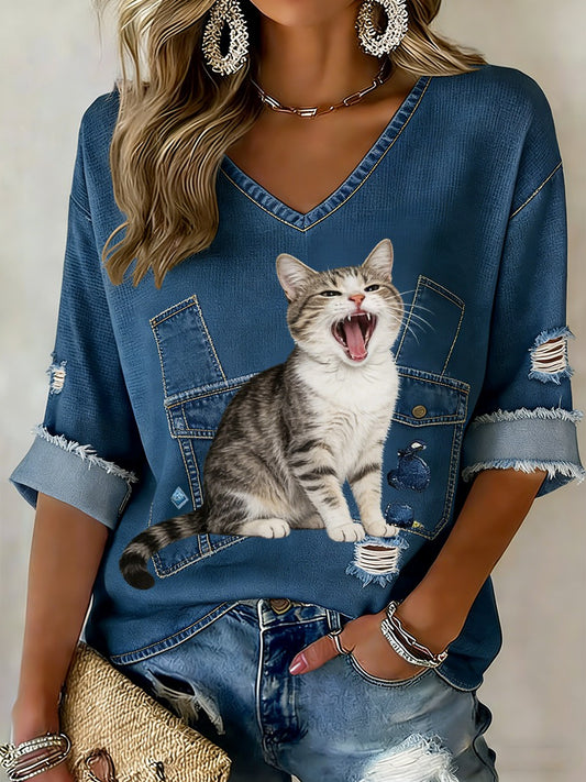 Retro Cute Cat Denim Patchwork Art Print Casualowa bawełniana koszulka z długim rękawem