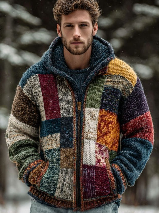 Męski sweter z kapturem z nadrukiem w kolorze retro