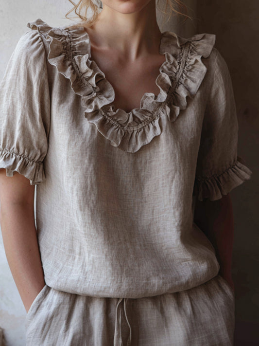 Elegancka damska marszczona lniana koszula z dekoltem w serek