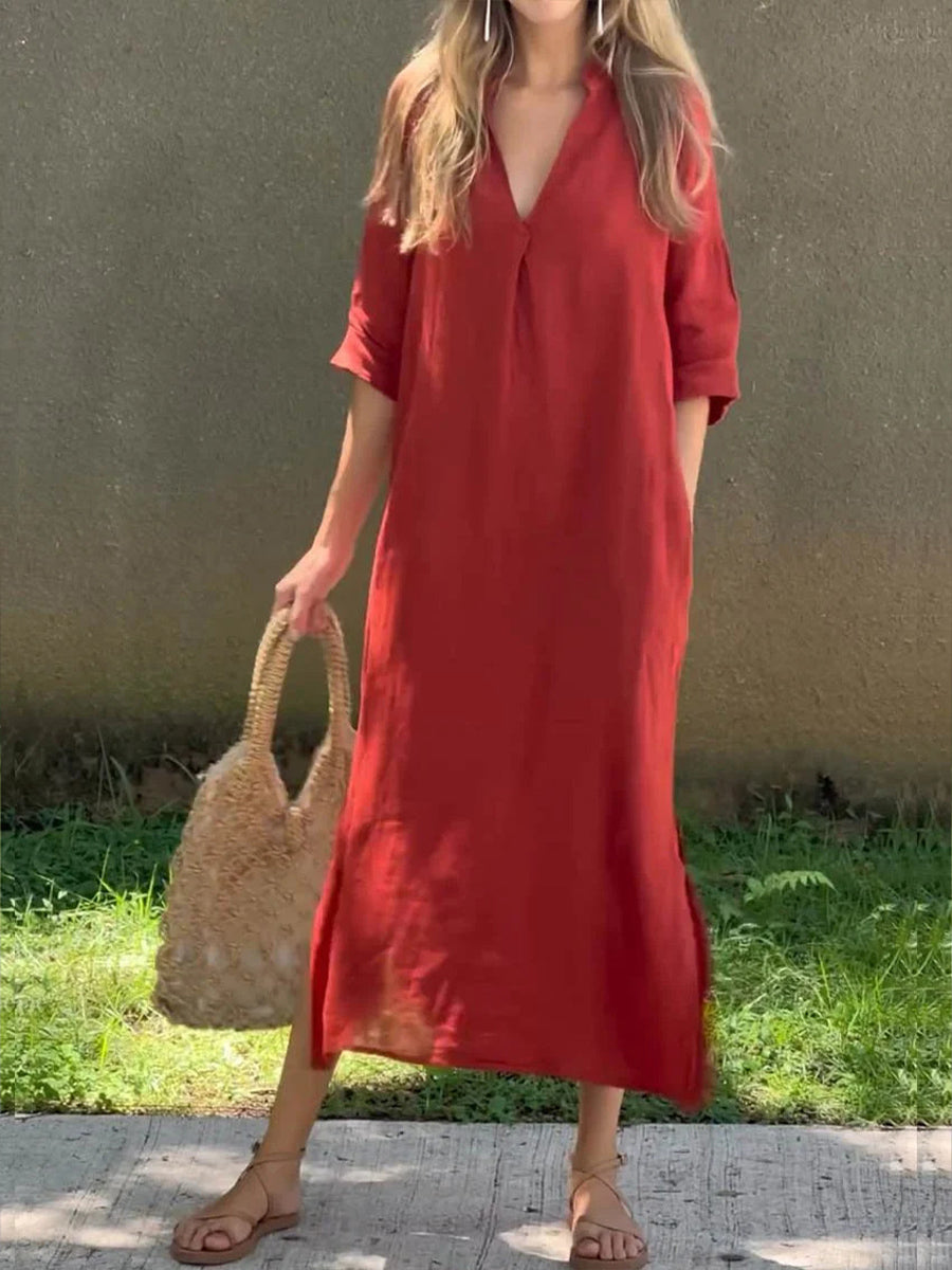 Prosta lniana sukienka midi dla kobiet w stylu vintage