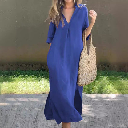 Prosta lniana sukienka midi dla kobiet w stylu vintage