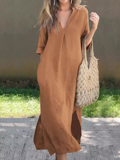 Prosta lniana sukienka midi dla kobiet w stylu vintage