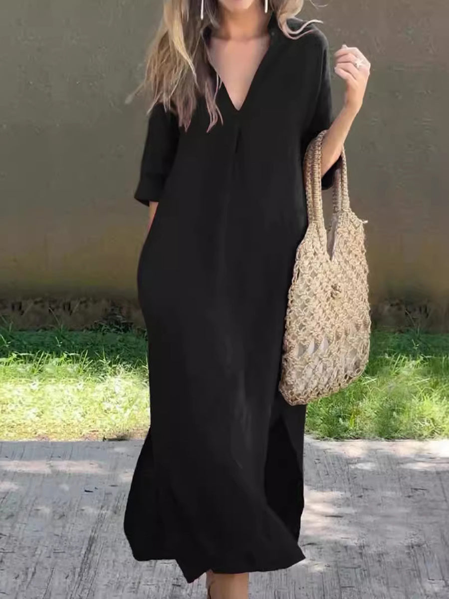 Prosta lniana sukienka midi dla kobiet w stylu vintage